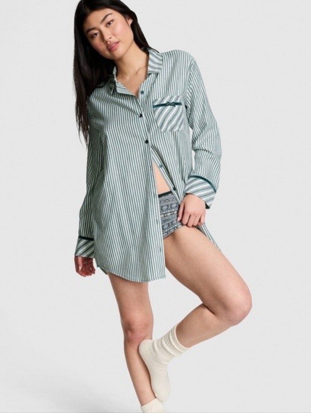 PINK Victoria's Secret Womens Green and White Striped Sleep Shirt
